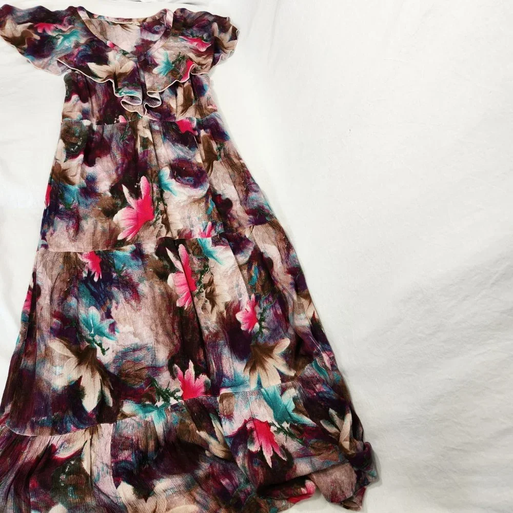 Tall Medium SOFT SURROUNDINGS Italian Dreams Tiered Dark Floral Maxi Dress. - Picture 5 of 16